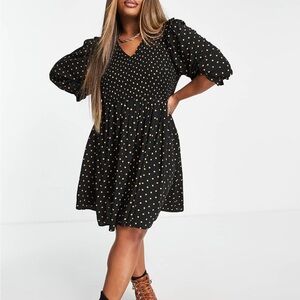 Madewell Lucie V-neck Black  Smocked Mini Dress with Gold Polka Dots